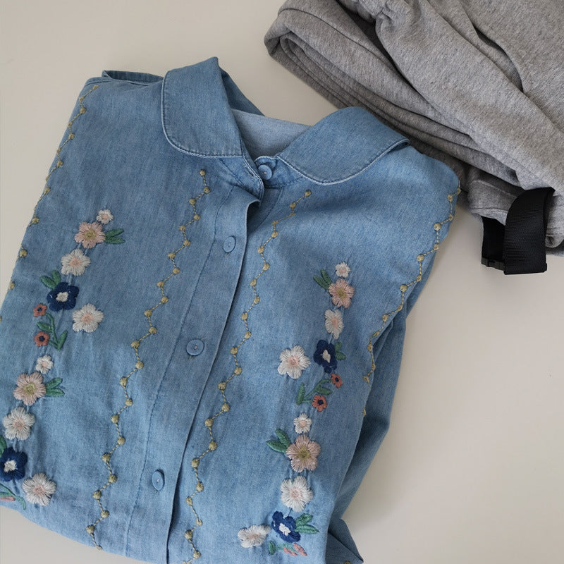 Japanese Style Flower Embroidery Washed Denim Long Sleeved Shirt