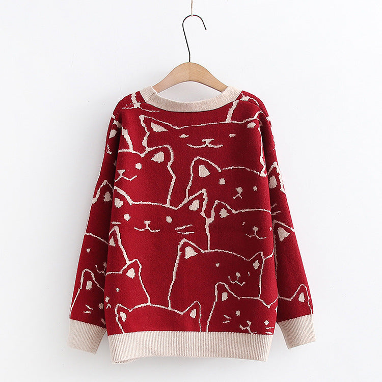 Cartoon Cat Jacquard Knit Cardigan Sweater