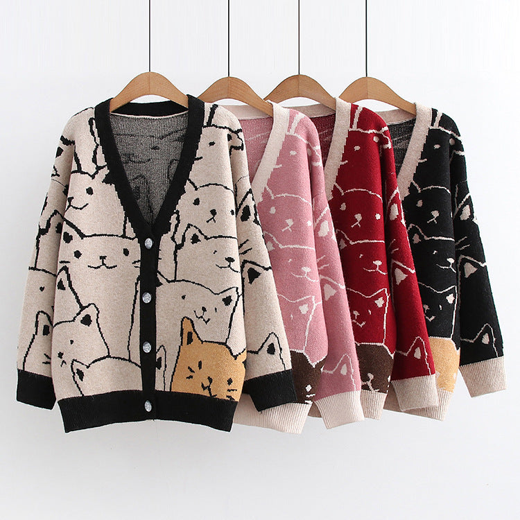 Cartoon Cat Jacquard Knit Cardigan Sweater