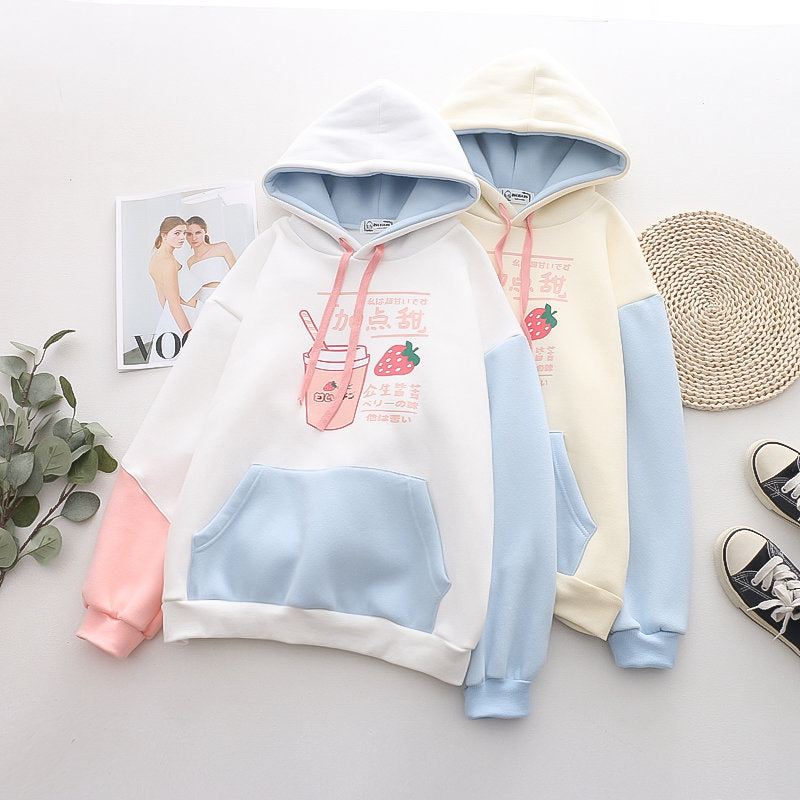 Women's Strawberry Drink Printed Color Block Hoodie