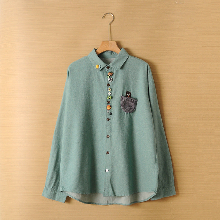 Versatile Girls Pocket Bear Embroidery Long Sleeve Shirt