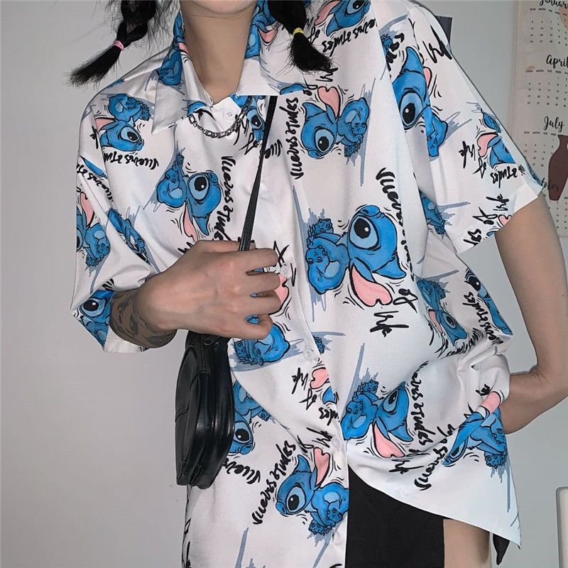 Versatile Retro Summer Cat Printed Flip Collar Shirt