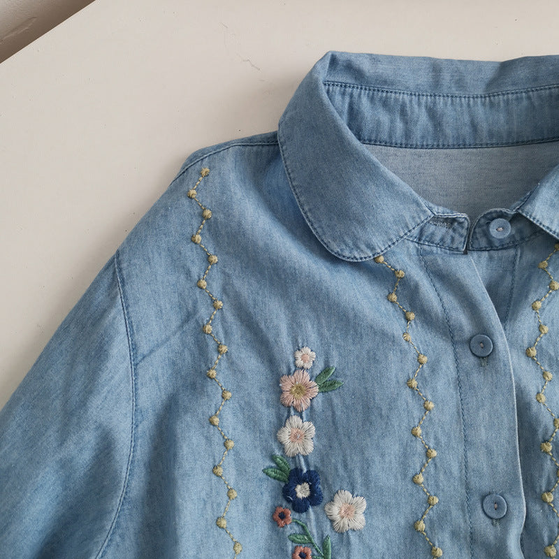 Japanese Style Flower Embroidery Washed Denim Long Sleeved Shirt