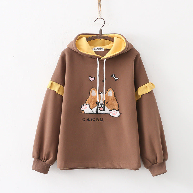 Kawaii Cartoon Dog Embroidered Velvet Hoodie