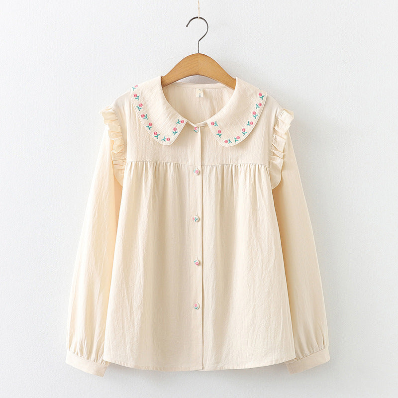 Japanese Style Doll Collar Floral Embroidered Shirt