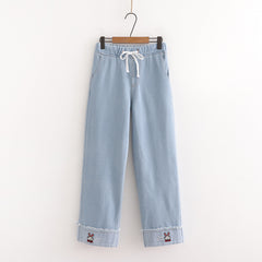 Kawaii Rabbit Embroidery Plush Thickened Wide Leg Jeans