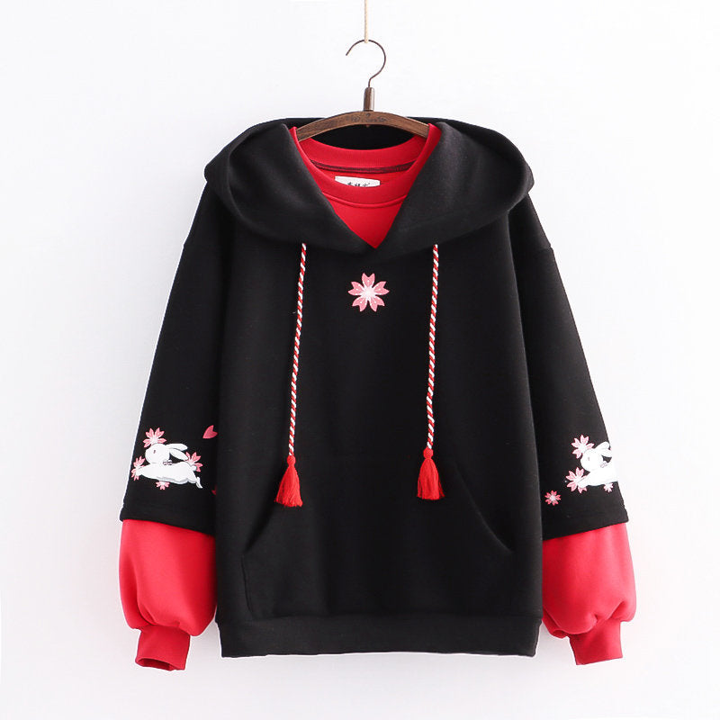 Kawaii Women's Rabbit Print Plush Thickened Hoodie