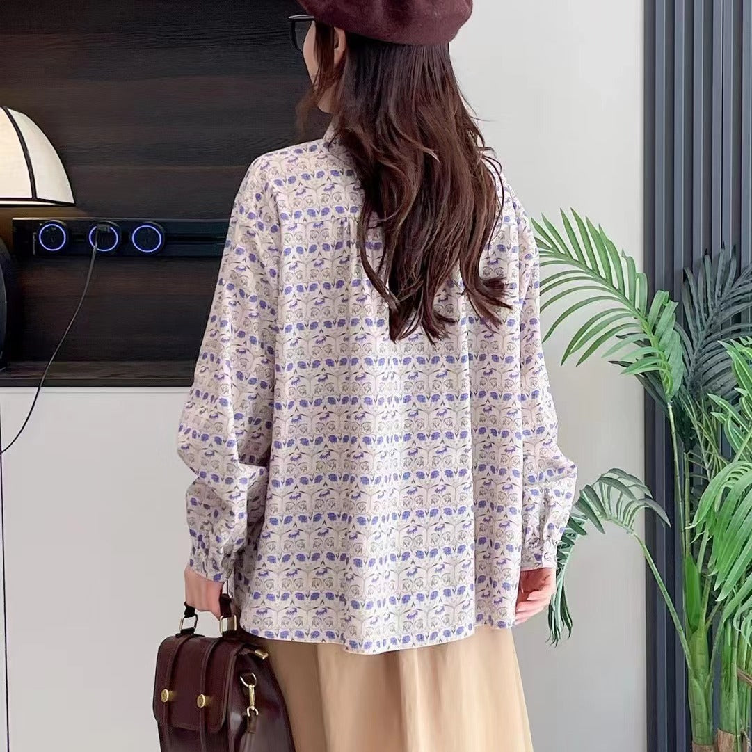 Japanese Mori Crochet Lapel Floral Long Sleeve Loose Shirt