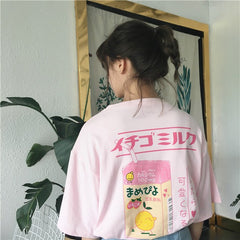 Japanese Style Cartoon Strawberry Milk Print T-shirt