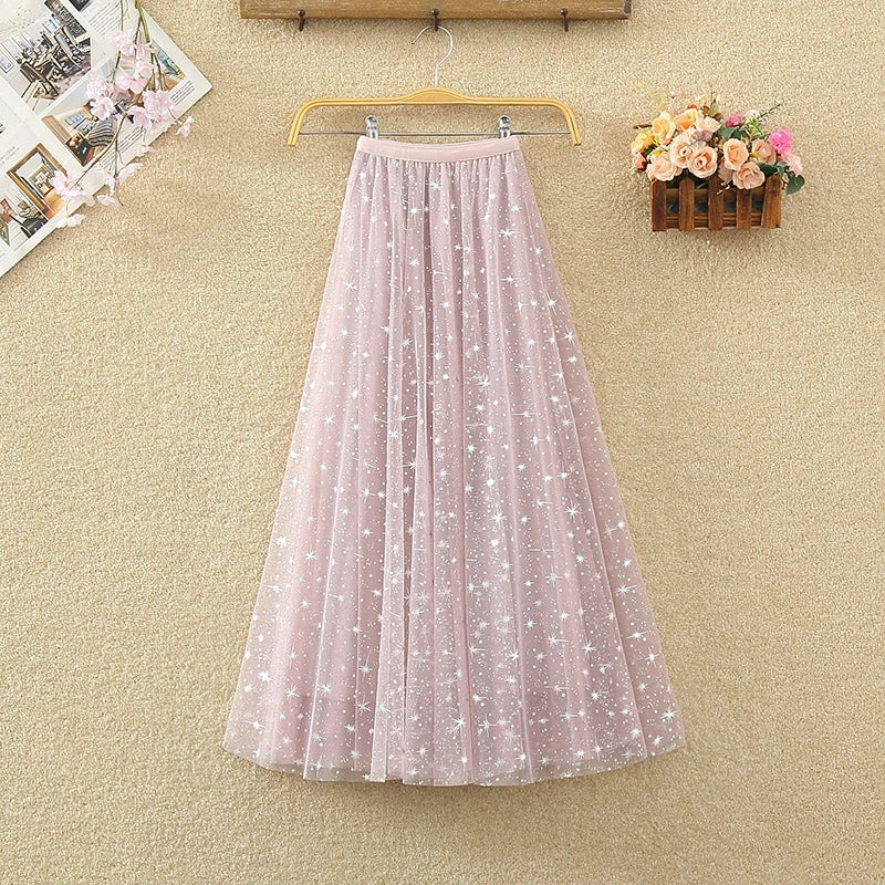 Women's Starry Sky High Waist Slim A-line Mid length Skirt