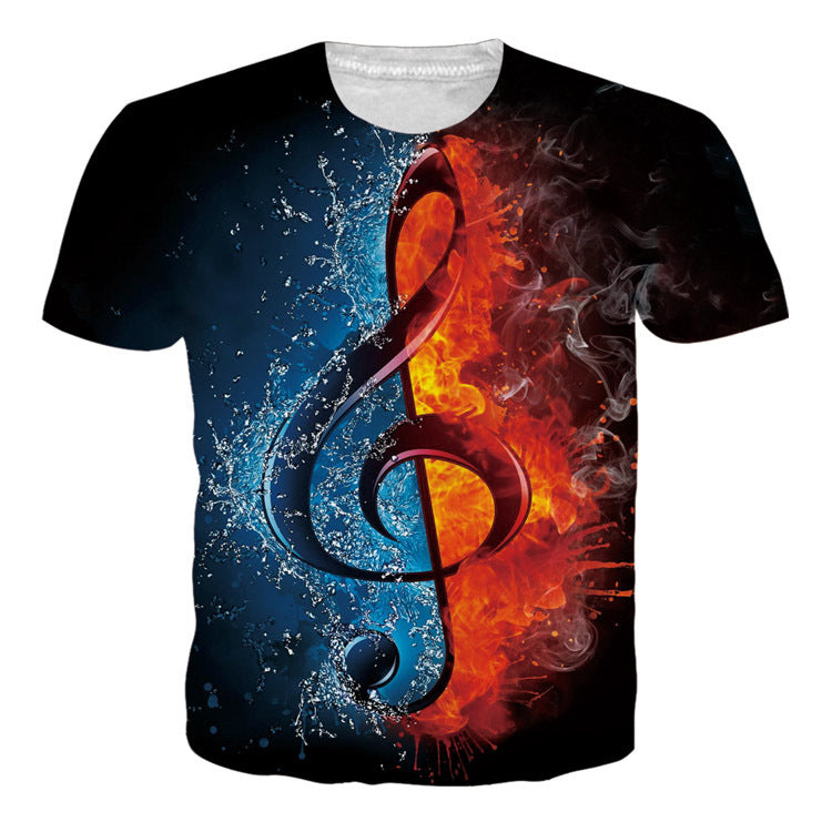 Men's Flame Skull Digital Printed Round Neck T-shirt