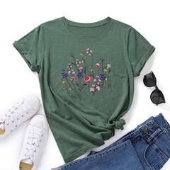 Creative Women's Floral Print Round Neck T-shirt