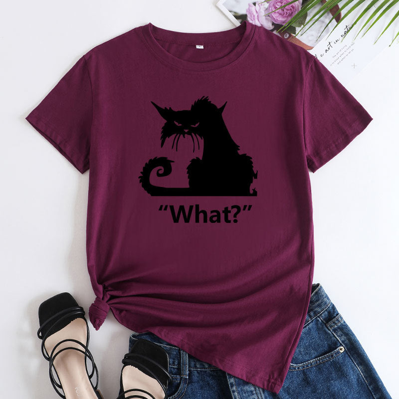 Casual What Cat Print Cotton Round Neck T-shirt