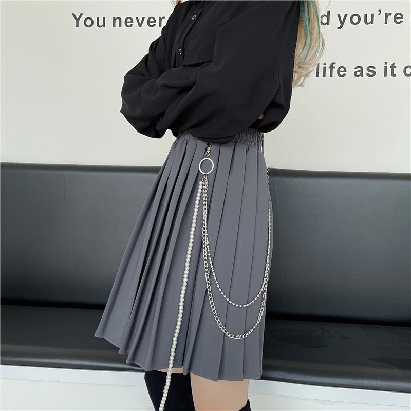 Korean Style Retro Pleated Women's Half Skirt with Chain