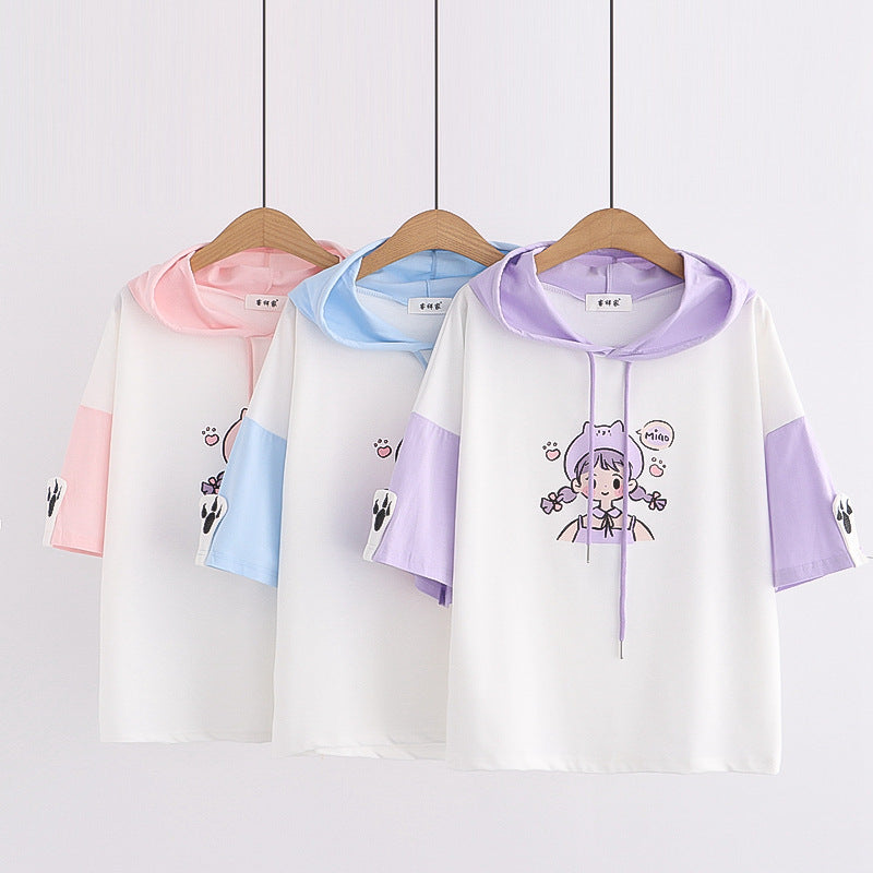 Cute Cartoon Girl Printed Color Block Hooded T-shirt