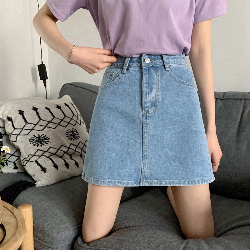 Retro Style High Waisted Blue Denim Short Skirt