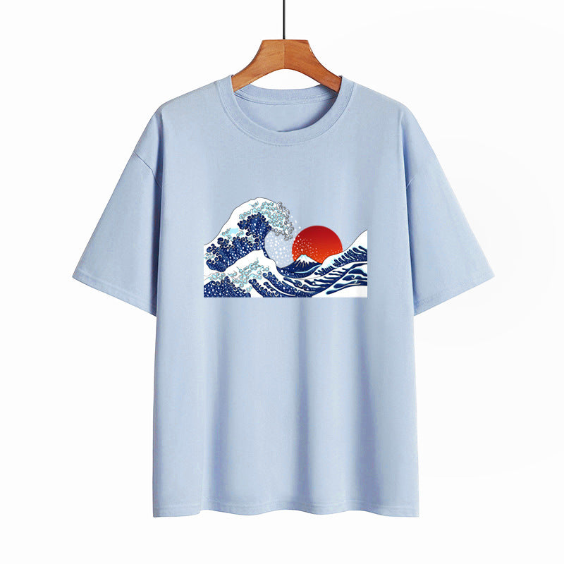 Japanese Style Waves Print Round Neck Loose T-shirt