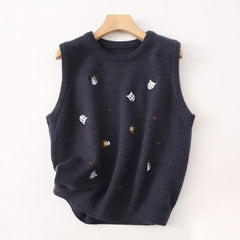 Cartoon Cat Embroidery Sleeveless Knitted Vest