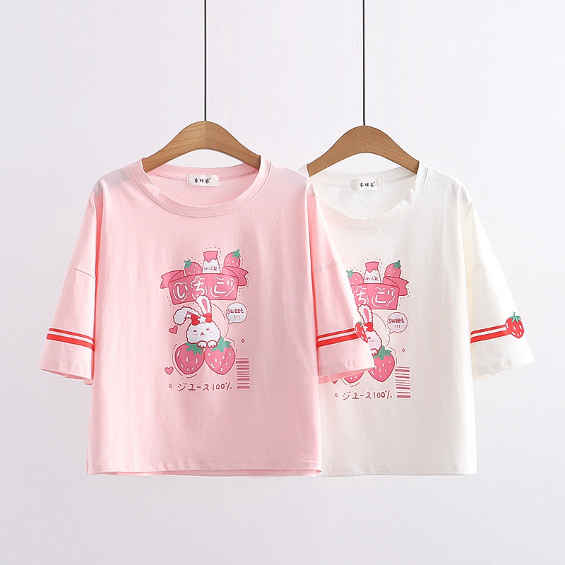 Cute Sweet Cartoon Rabbit Strawberry Print Summer T-Shirt