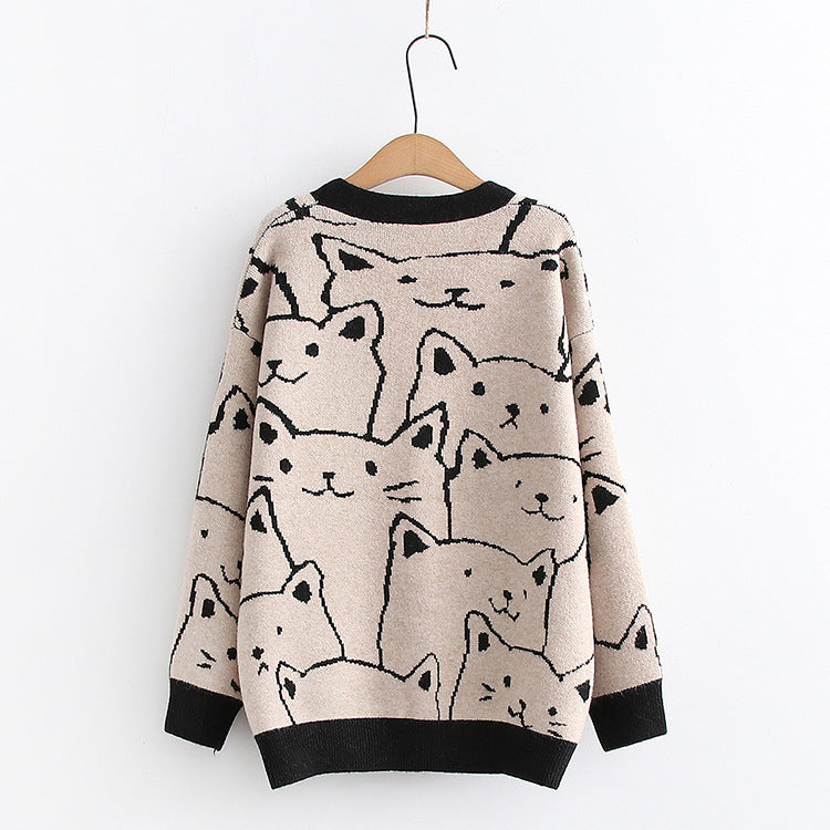 Cartoon Cat Jacquard Knit Cardigan Sweater