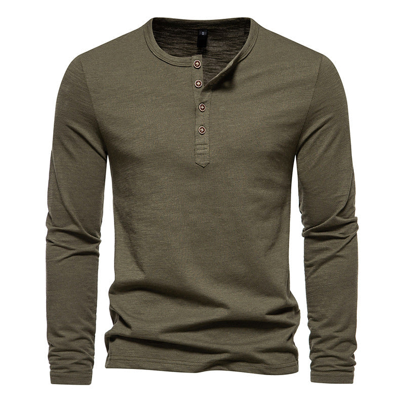 Plain Color Men's Four Button Henry Neck Long sleeve T-shirt