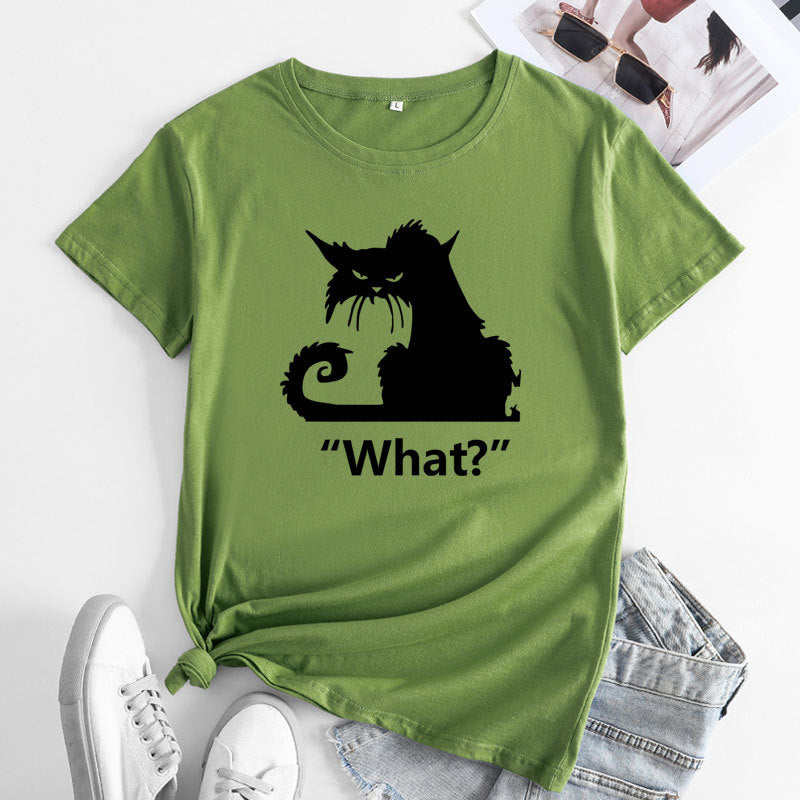 Casual What Cat Print Cotton Round Neck T-shirt