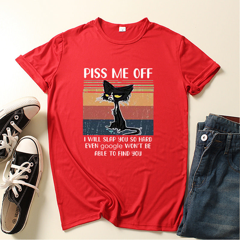 Casual Piss Me Off Black Cat Print Round Neck T-shirt