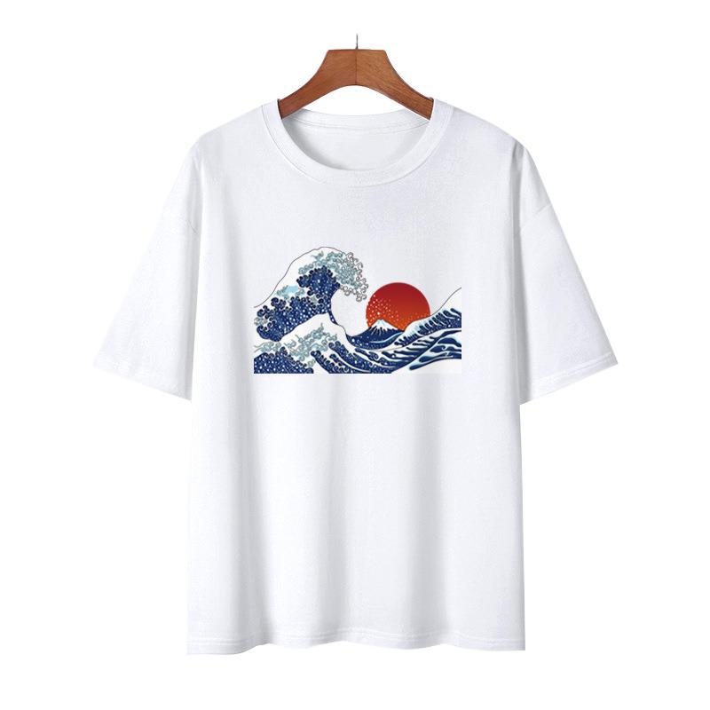 Japanese Style Waves Print Round Neck Loose T-shirt