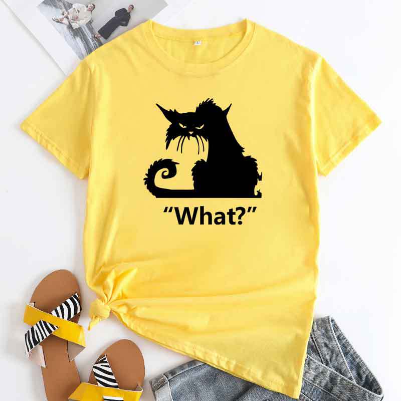 Casual What Cat Print Cotton Round Neck T-shirt