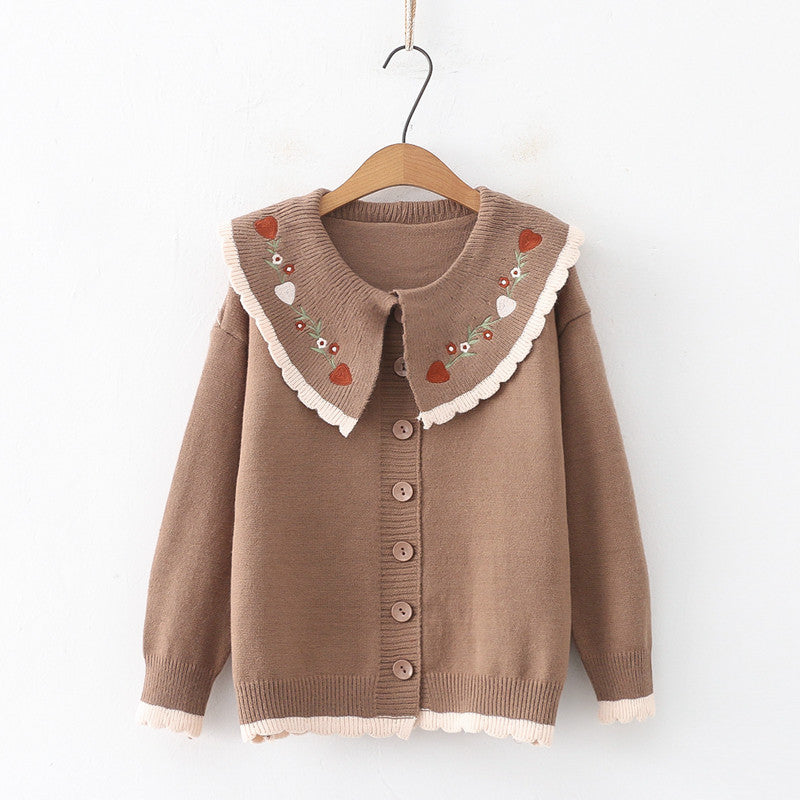 Women's Doll Collar Floral Embroidery Cardigan Sweater