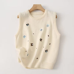 Cartoon Cat Embroidery Sleeveless Knitted Vest