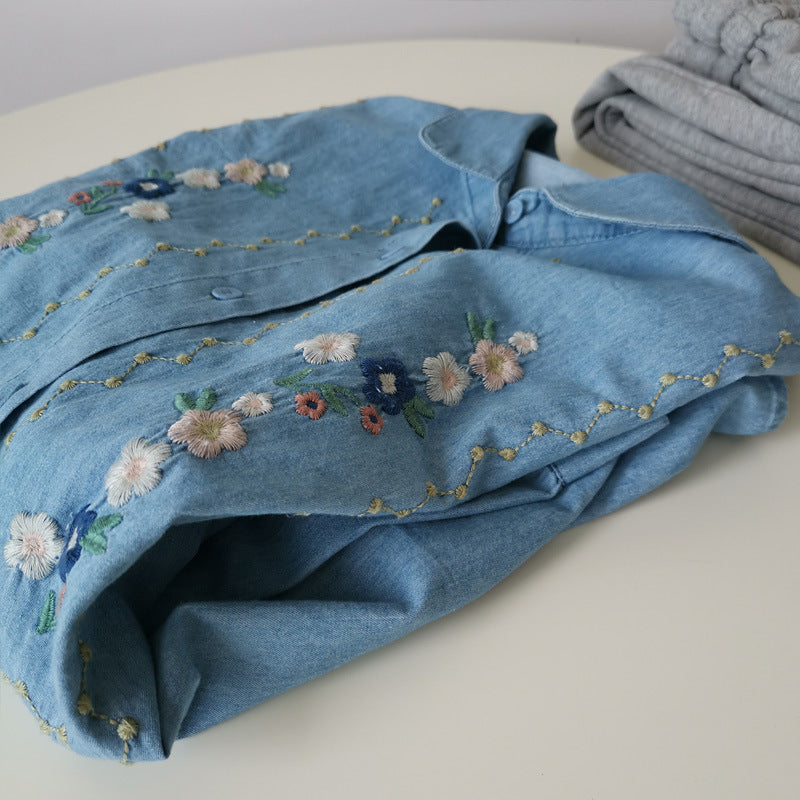 Japanese Style Flower Embroidery Washed Denim Long Sleeved Shirt