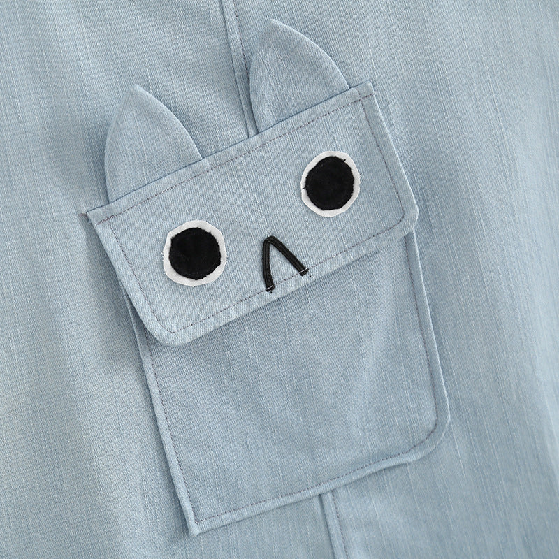 Cute Pocket Cat Embroidered Denim Overalls Shortalls