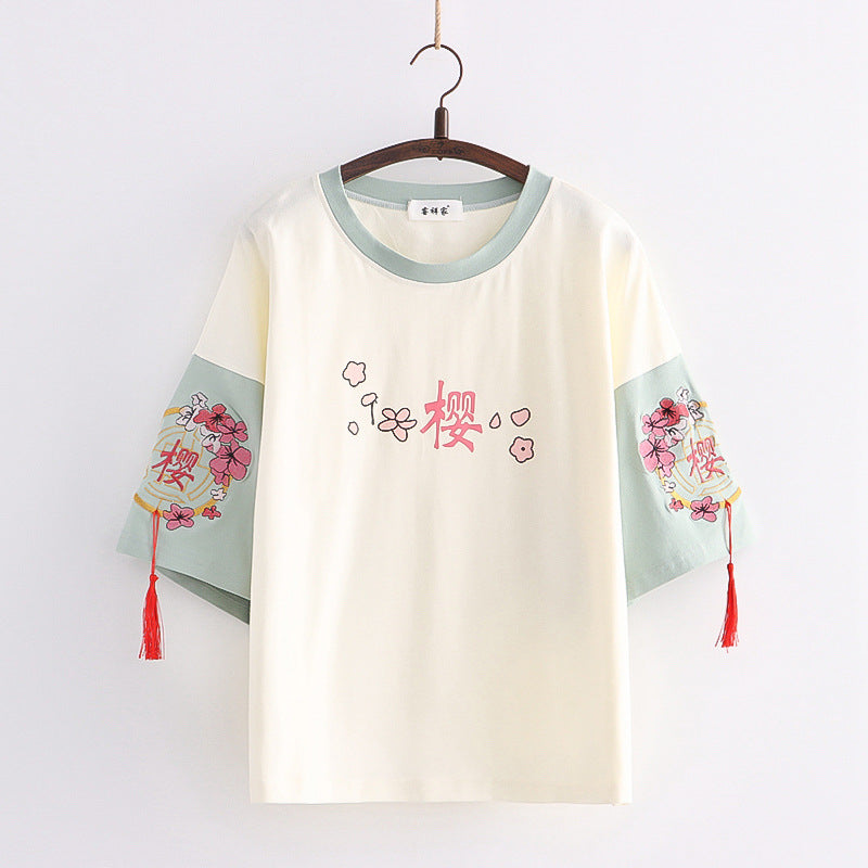 Japanese Style Cherry blossoms Embroidered T-shirt