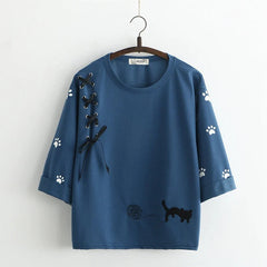 Kawaii Cat Embroidered 3/4 Sleeves Pullover T-shirt