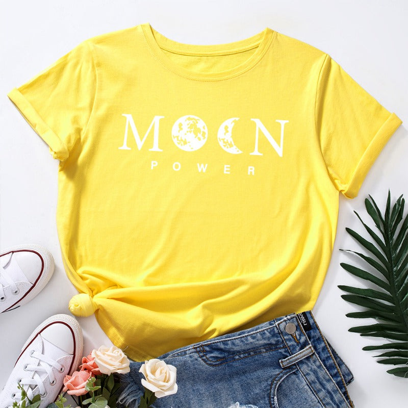 Women's Moon Power Print Loose Round Neck T-shirt