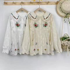 Japanese Style Floral Embroidered Loose Shirt