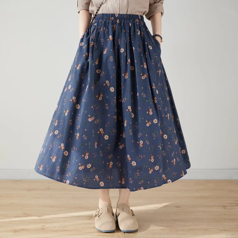 Retro Style Women's Elastic Waist Mid-length Floral Skirt