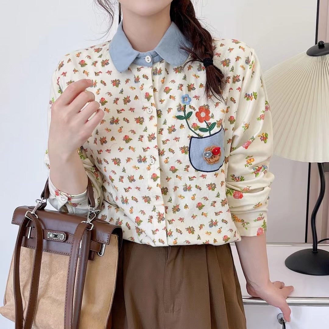 Chic Girls Floral Embroidery Loose Artistic Shirt