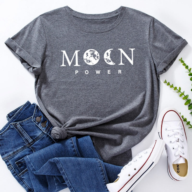 Women's Moon Power Print Loose Round Neck T-shirt