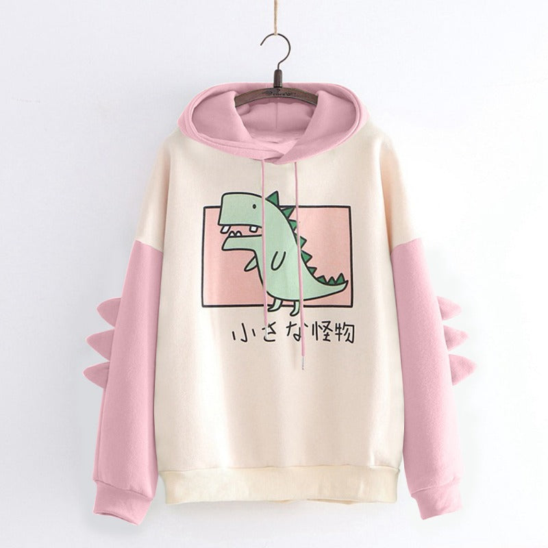 Japanese Style Cute Dinosaur Print Velvet Warm Hoodie