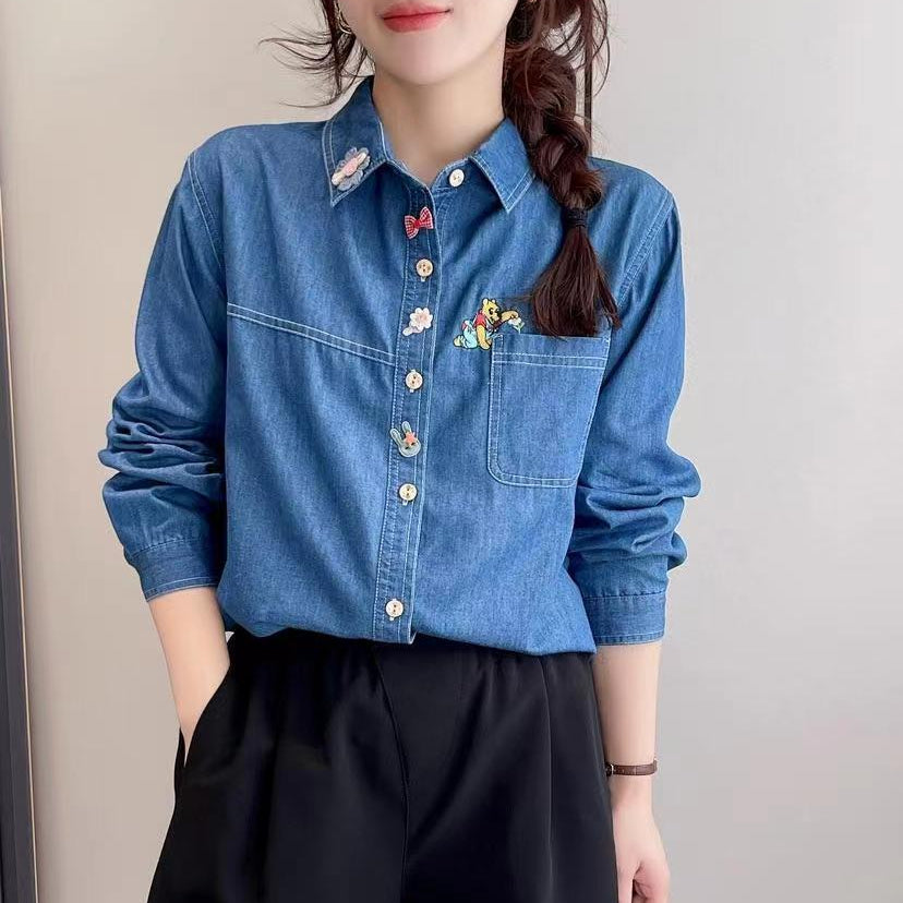 Women's Polo Collar Floral Bear Embroidered Loose Shirt