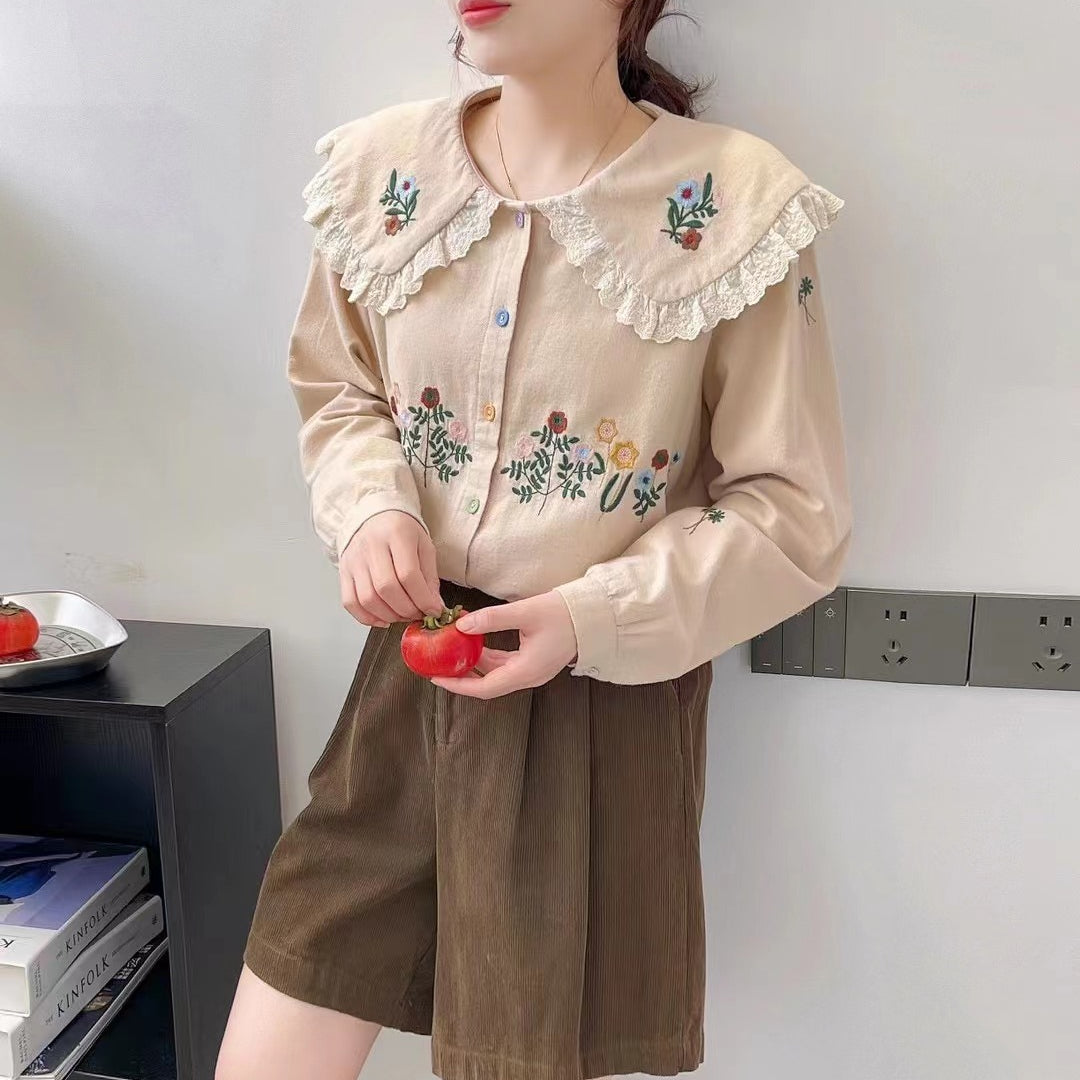 Fresh Floral Embroidery Lace Doll Collar Brushed Blouse