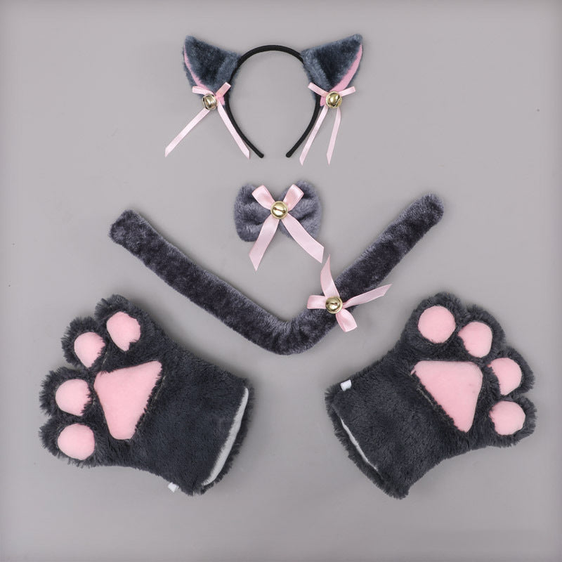 Cute Plush Cat Paw Bow Tie Ears Tail Cosplay Headband Set