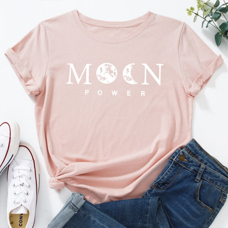 Women's Moon Power Print Loose Round Neck T-shirt