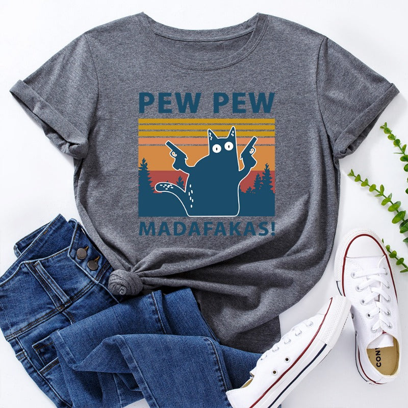 Stylish PEW PEW Cat Loose Round Neck T-shirt