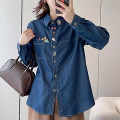 Women's Polo Collar Floral Bear Embroidered Loose Shirt