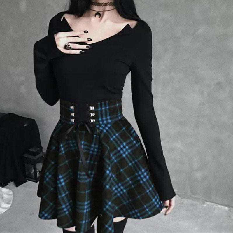 Casual Girls' Plaid Irregular Ribbon Waist Slim Skirt