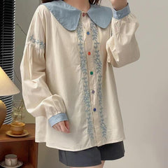 Women's Doll Neck Floral Loose Shirt