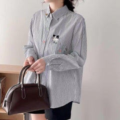 Versatile Cat Embroidered Long Sleeve Striped Shirt